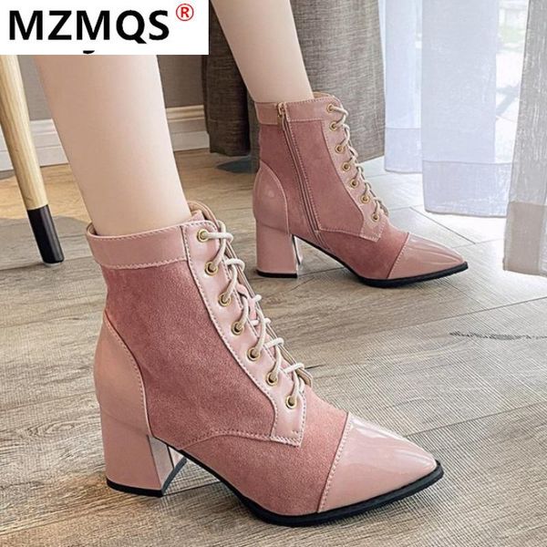 

boots women ankle fashion pointed toe high heel shoes winter lace up side zipper short tube thick botas mujer, Black