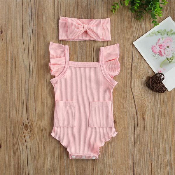 

baby girls fashionable outfit 2pcs , toddlers summer breathable solid color sleeve pocket romper + bow headwear set clothing sets, White
