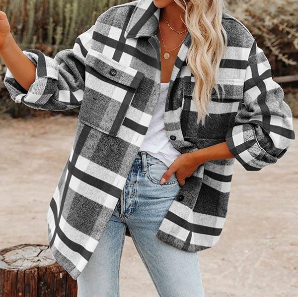 

women's jackets 2021 autumn women shirt coat fashion plaid printed flannel turn down collar casual single-breasted winter female overco, Black;brown