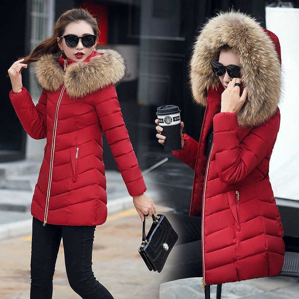 Jaqueta de inverno mulheres moda parkas mujer longo casaco feminino grosso chapéu gola grande casacos de inverno feminino 210608