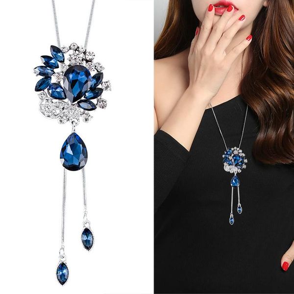 

pendant necklaces women zircon water drop long necklace sweater chain fashion metal crystal flower jewelry 2021 trendy, Silver