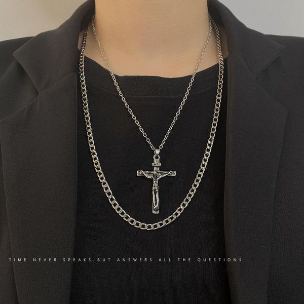 

pendant necklaces ins retro jesus necklace men and women in europe america personality cross letter men's long double sweater chain, Silver