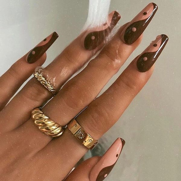 

false nails 24pcs chocolate&pink color wavy line fake nail long coffin taiji gossip pattern full cover tips art with design, Red;gold