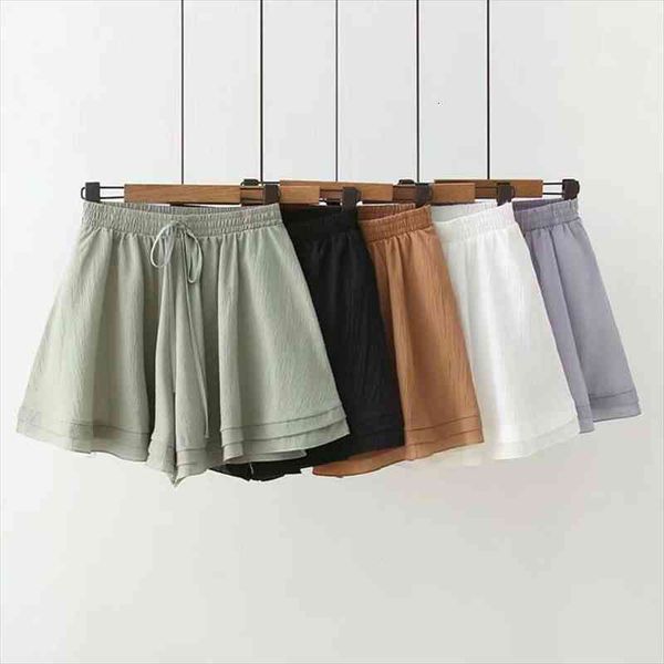 

summer casual chiffon pants women shorts high waist all match cute sweet girls ruffled loose a line wide leg korean, White;black