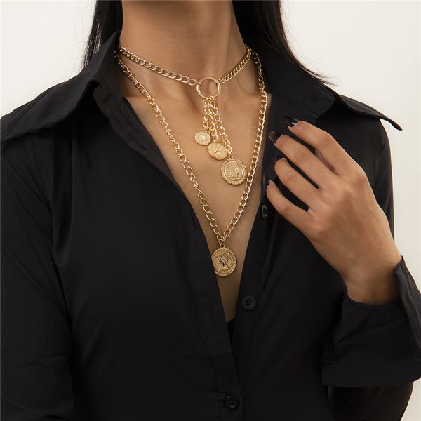 

multi layer portrait pendant necklaces retro round ring tassel cross chain women deep v clothes wearing gold necklace fashion accessories, Silver