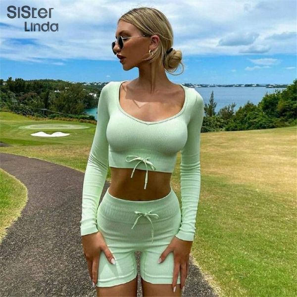 

women's tracksuits ribbed fitness tracksuit women two piece shorts suits long sleeve strecthy +biker female drawstring matching outfits, Gray