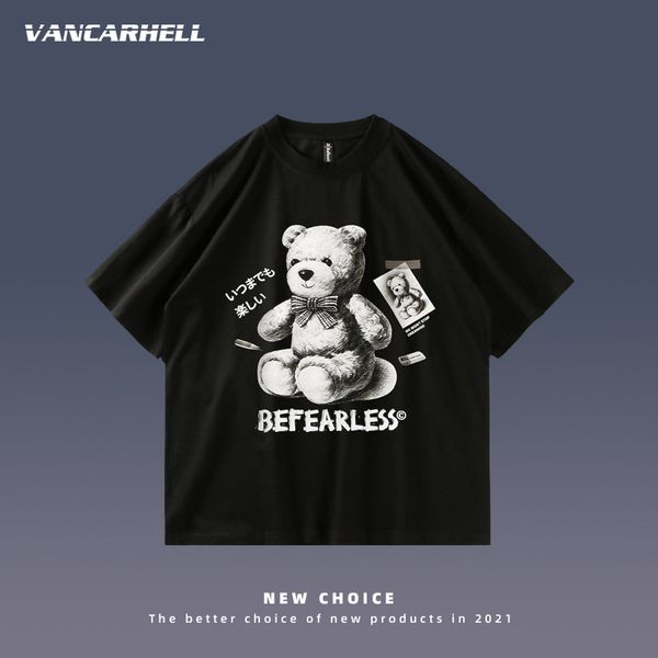 

tee polo summer fashion ins dark black dirty bear print short sleeve t-shirt men's and women's top, White;black