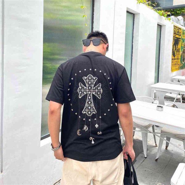 

croosin summer new ch cro short heavy industry embroidery fixed bead diamond sanskrit cross t-shirt men's and wome, White;black