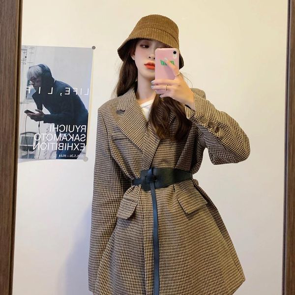 

women's suits & blazers autumn winter vintage houndstooth woolen blazer jackets for women double breasted belted slim female outwear 20, White;black