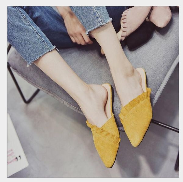 

slippers 2021 spring and summer slim frilly baotou slippers, pointed suede women flat muller shoes, Black