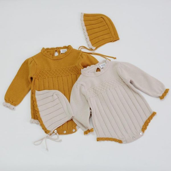 

autumn toddler baby girls knitted bodysuit long sleeve jumpsuit born girl sweater with knit hat clothing sets, White