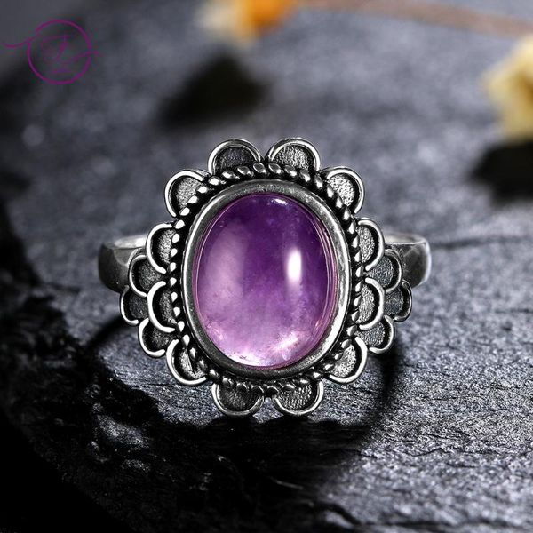 

cluster rings 925 sterling silver ring oval 8*10mm natural amethyst retro wreath engagement wedding noble fashion party gift wholesale, Golden;silver