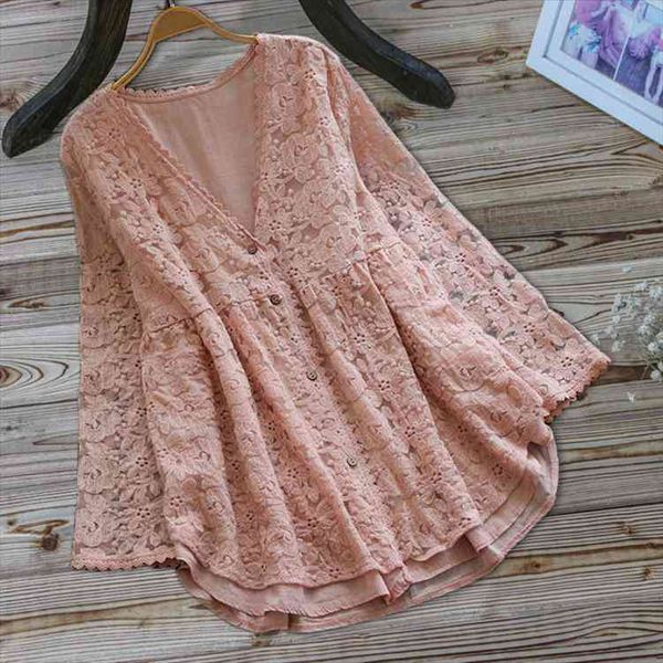 

5xl plus size lace blouse shirt women summer v neck long sleeve lace crochet hollow out blouse ladies, White