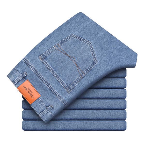 

spring and summer classic style lightweight straight-leg jeans 100% cotton business casual men's high-rise thin denim jeans 210531, Blue