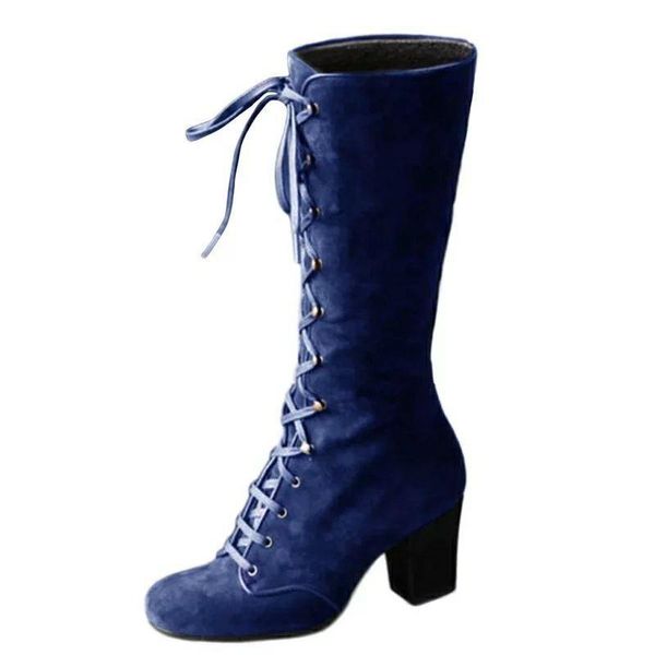 Boots Women Platform Blue Ladies Lace Up Square High Heel Mid Calf Feminino Ride Longa Plus Size35-43 Sapatos