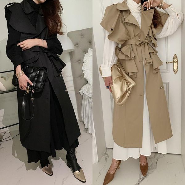 

women's trench coats 2021 south korea dongdaemun ins french elegant design sense of long double-breasted temperament sleeveless coat, Tan;black