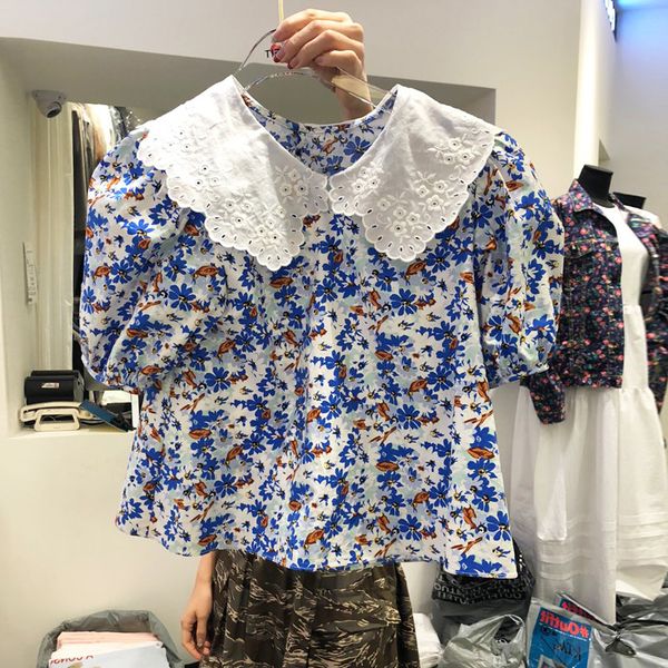 

summer new sweet peter pan collar lace puff sleeve floral print shirt blouse women 210421, White