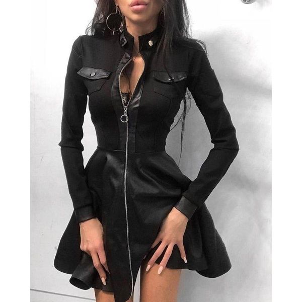 

party dresses autumn fashion lace pu splicing waist dress, White;black