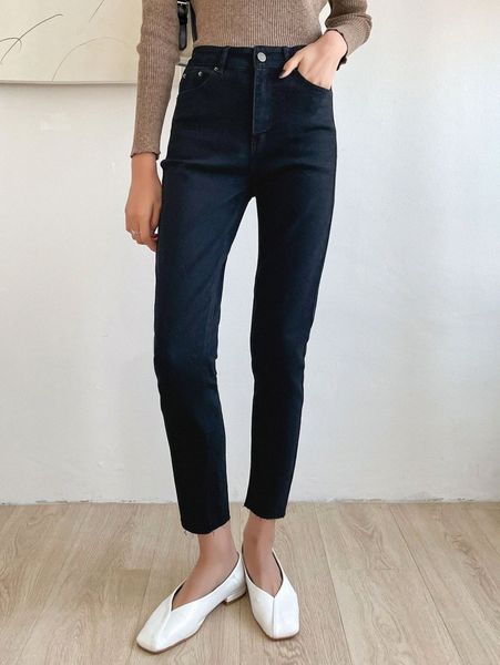 

dazy high waist slant pocket raw cut jeans w8g3#, Blue