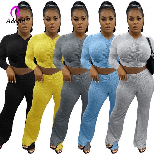 

women's tracksuits women flare wide leg pants sets two piece set fall pleated clothing outfits 2 bell bottom trouses, Gray