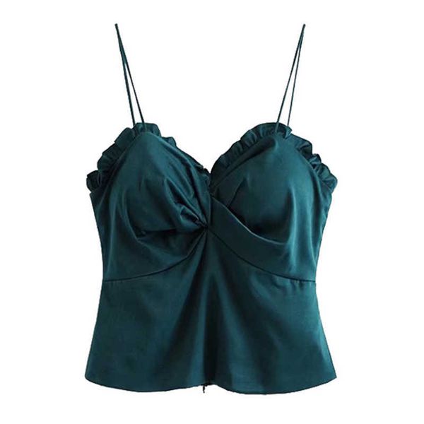 Talvez u zipper verde escuro sólido sólido cinta sólida em v decote busto shirring ondulado borda tops mulheres b0329 210529