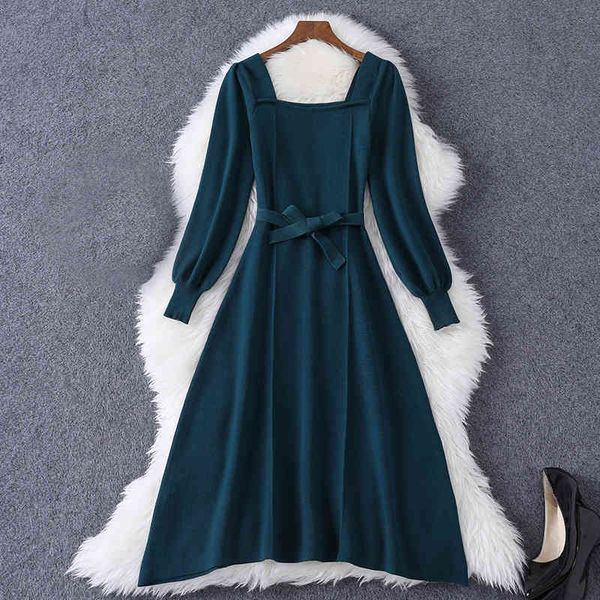 

casual dresses spring long sleeve square neck green pure color knitted belted mid-calf dress elegant md258a599 rv0u, Black;gray