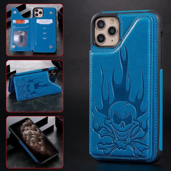 Stoßfeste Handyhüllen für iPhone 13 12 11 Pro X XR XS Max 7 8 Plus Dual Buckle Skull Pattern PU-Leder Kickstand Schutzhülle mit Kartenfächern