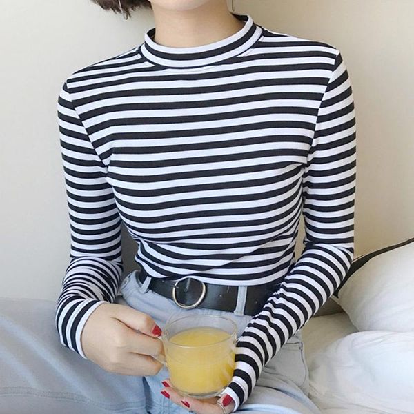 

women's t-shirt black white striped t-shirts long sleeve o-neck korean woman tshirtss 2021 spring autumn fashion slim female