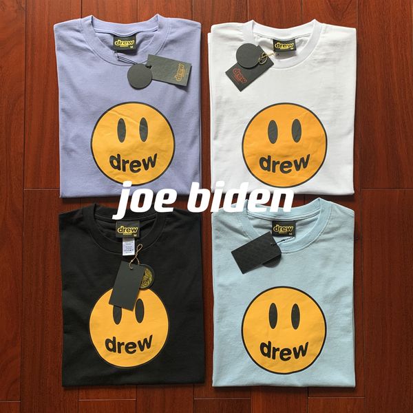 

21ss drew short sleeve bibber with sketch t-shirt loose round neck house smiley printed fashion, White;black