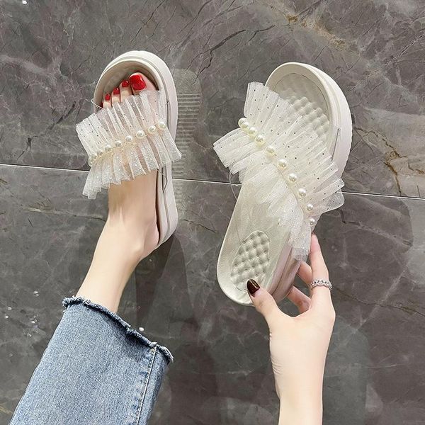 

slippers string bead shoes house platform luxury slides slipers women med on a wedge designer flat 2021 soft rome pu fabric, Black