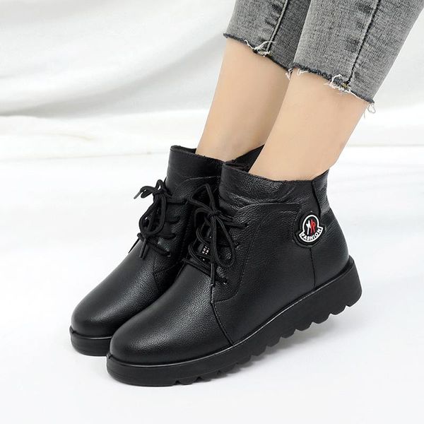 

boots 2021 women snow vintage genuine leather natural wool fur winter warm ankle for flat mother shoes plus size 41, Black