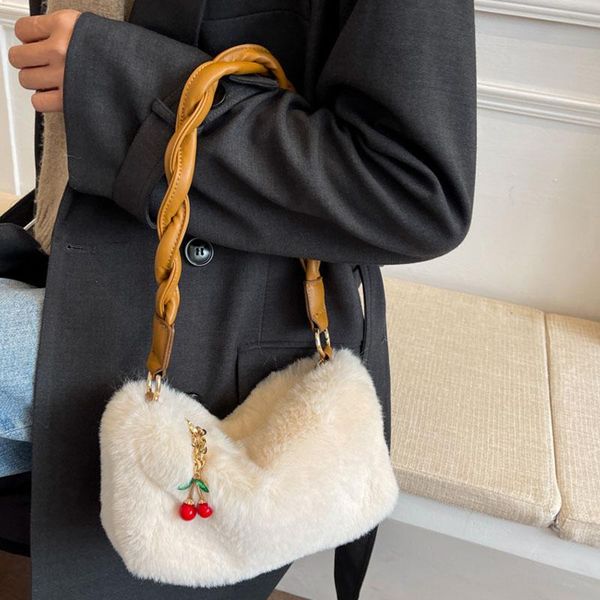 

evening bags cherry zipper design fashion faux fur small totes designer women handbags luxury lambswool shoulder crossbody plush winter