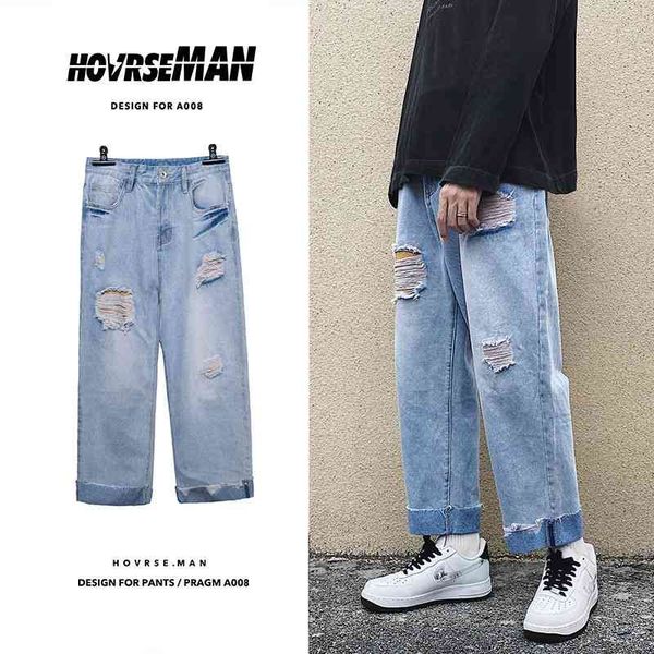 

men's jeans ripped fashion retro casual straight pants men streetwear wild loose hip-hop hole denim trousers mens -5xl l3r7, Blue