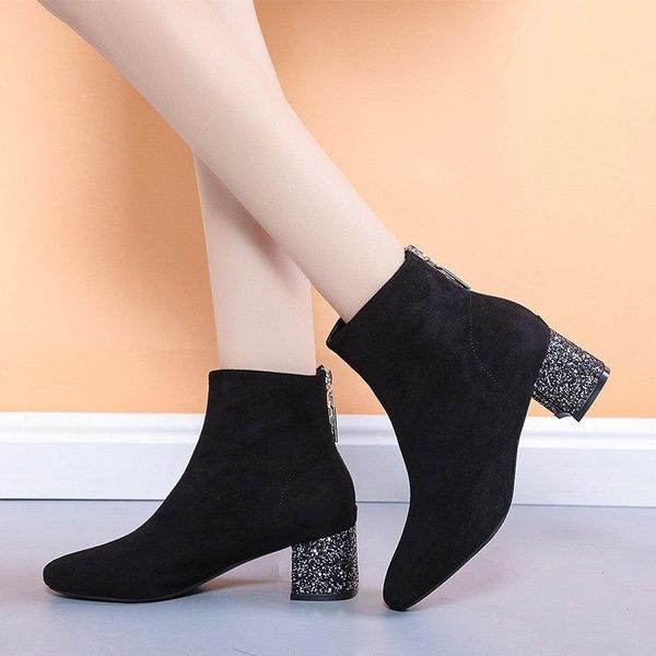 

boots autumn and winter plus velvet warm suede women's shoes versatile comfortable sequined high heel 5cm fd-104, Black