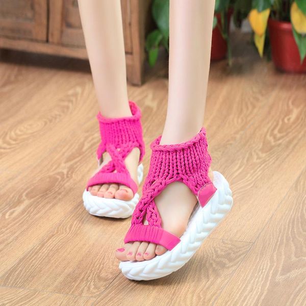 

comfortable casual wool women's summer sandals 2021 arrival knit platform shoes candy color wedge sandalias, Black