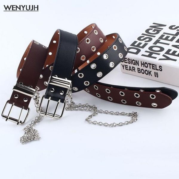 

women punk chain fashion belt adjustable double/single row hole eyelet waistband with decorative belts 2021, Black;brown