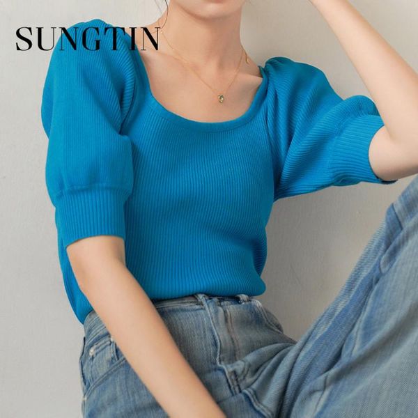 

women's t-shirt sungtin knitted puff sleeve t shirt for women summer korean chic half black 3 colors elegant shirts kawaii, White