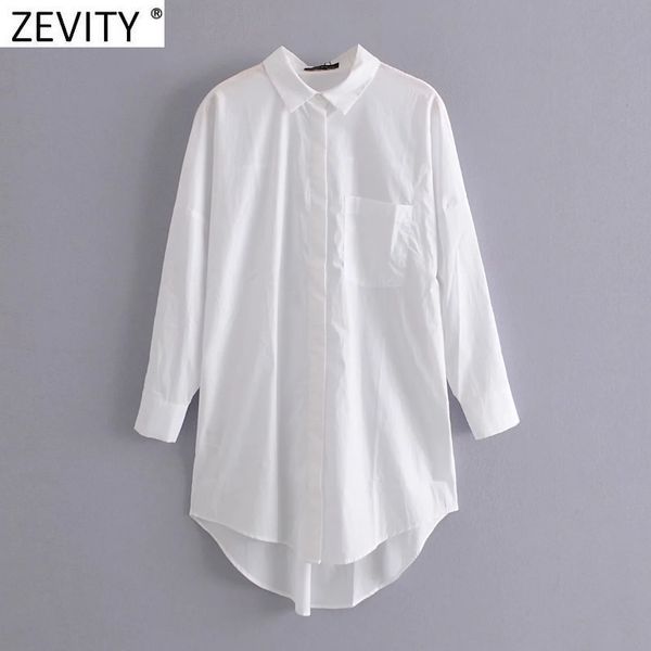 

zevity new women simply pocket patch casual long blouse ladies long sleeve business shirt chic femme breasted blusas ls7346, White