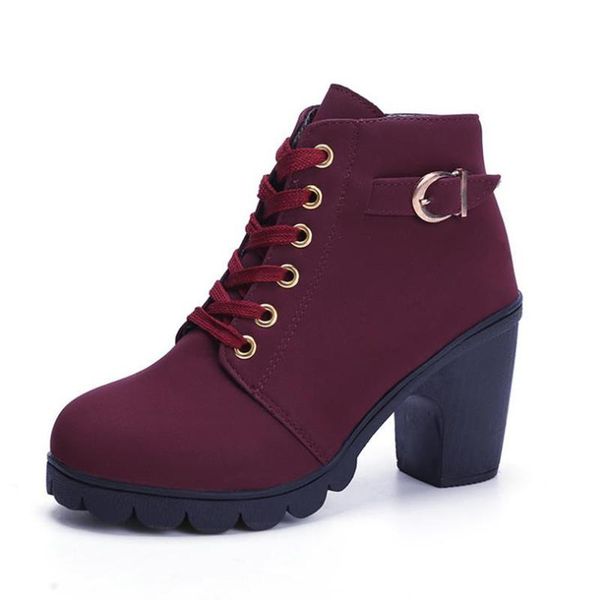 

boots women's shoes 2021 fashion lace up high heels retro winter frosted leather ankle, Black