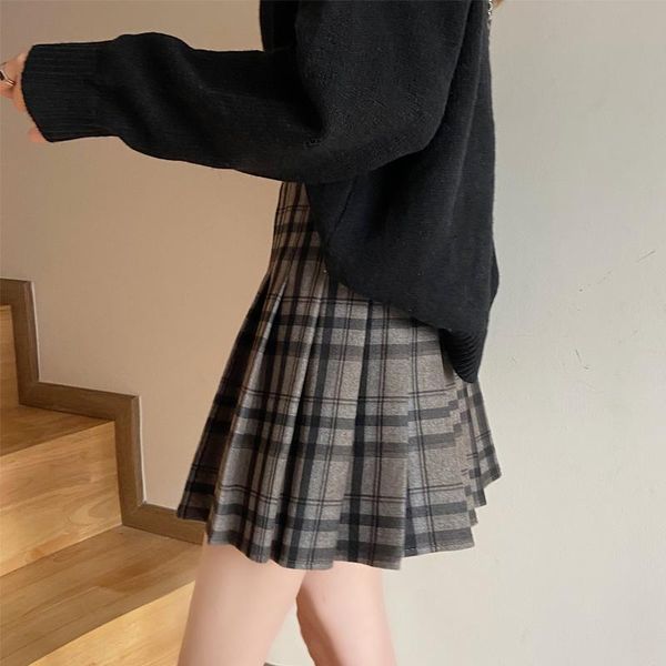 

skirts short pleated tennis skirt woolen spring for women girls waist plaid tutu women's vintage mini, Black