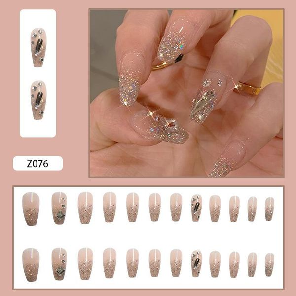 

false nails 24pcs rhinestone inlaid nail patch shiny glue type removable long paragraph fashion manicure save time, Red;gold