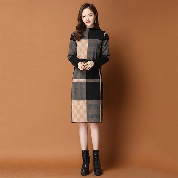 

dress for women autumn casual knitting sweater plaid patchwork turtleneck pullover bottom knee-length female vestidos 211220, Black;gray