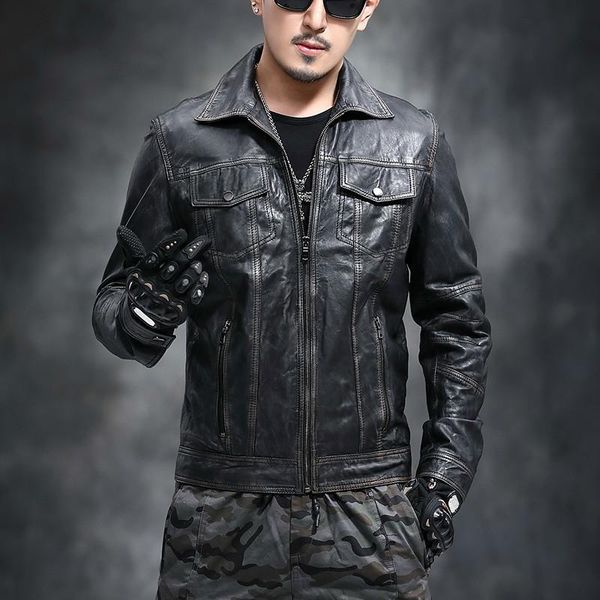 

men's leather & faux real genuine jacket men sheepskin coat motorcycle man vintage slim fit biker jackets, Black