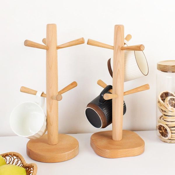 

hooks & rails japanese-style wooden 6 claw cup holder beech wood rack creative drain water home storage