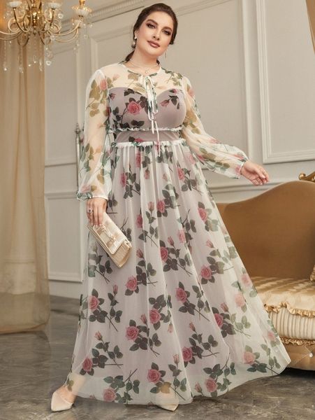

plus 2 in 1 floral mesh tie front frill trim maxi dress x7vs#, Black
