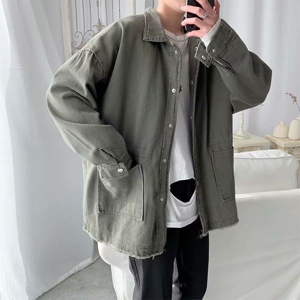 

suits men's spring thin cotton fashion solid color pocket tooling streetwear loose hip hop bomber jacket men coats, White;black