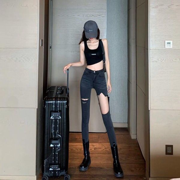 

women's jeans women 2021 spring fashion high waist holes female thin slim pencil pants ladies stretch skinny denim trousers p39, Blue