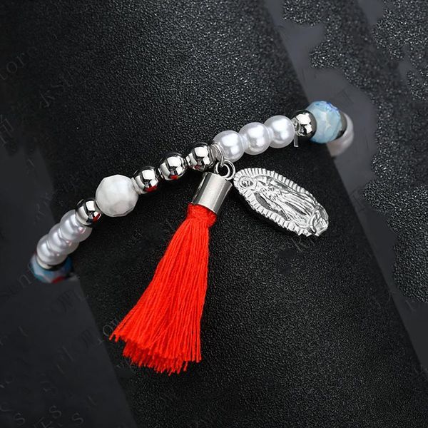 

charm bracelets religious jewelry virgin mary exquisite bracelet stainless steel beads pearl red tassel stretch, Golden;silver