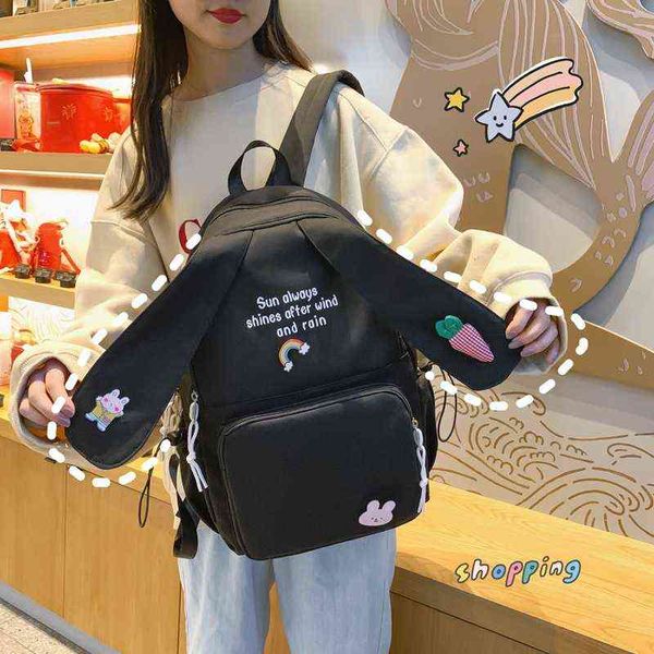 Nuovo Kawaii Lungo Orecchio di Coniglio Zaino Borsa Ragazza Femminile Cartone Animato Anmie Bunny Ear Bagpack Donne Teenager Schoolbag College Bookbag Mochila Y1105