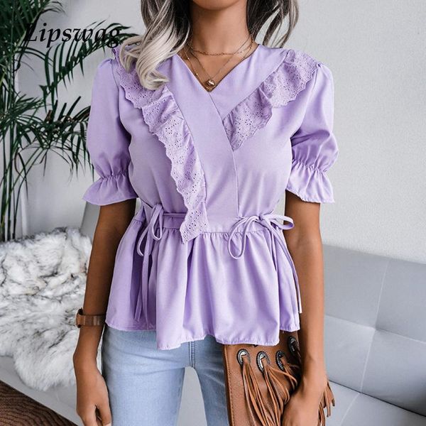 

women's blouses & shirts 2021 women chic slim waist tie-up blusa casual lace ruffle patchwork blouse fashion v neck solid chiffon shor, White